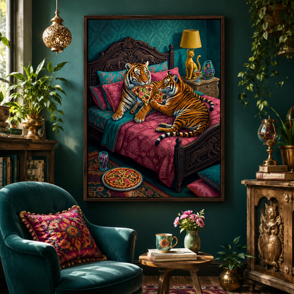 Tigers Eating Pizza in Bed Whimsical Wall Art Decor – preview 4