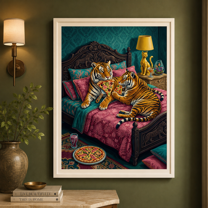 Tigers Eating Pizza in Bed Whimsical Wall Art Decor – preview 6