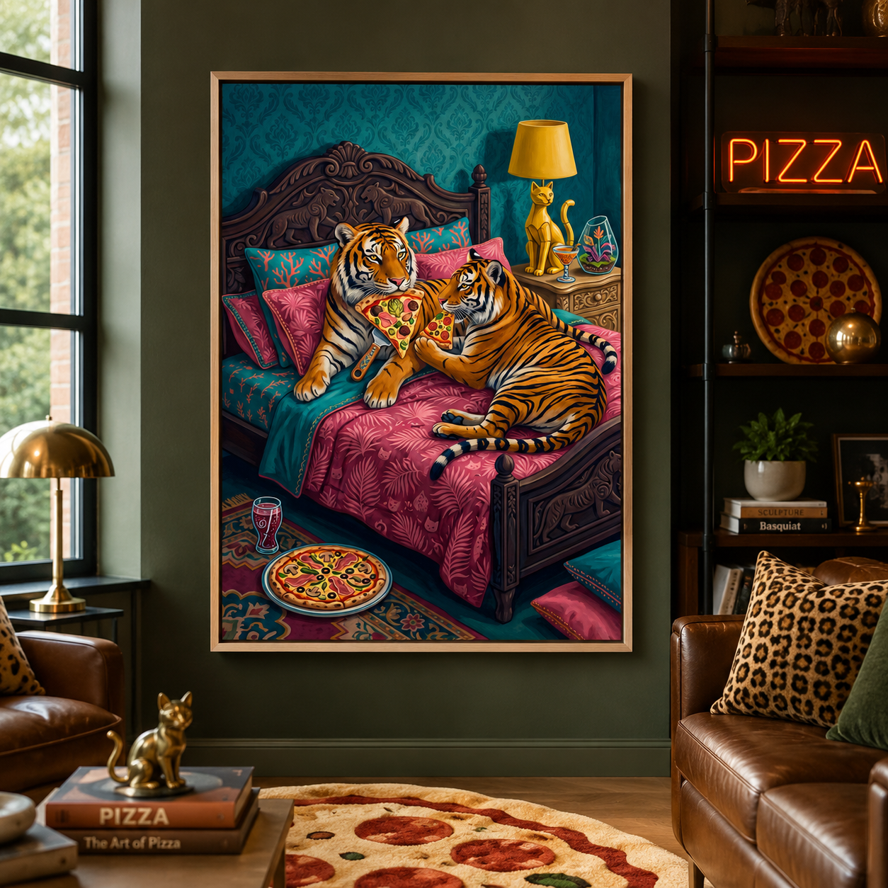Tigers Eating Pizza in Bed Whimsical Wall Art Decor – preview 8