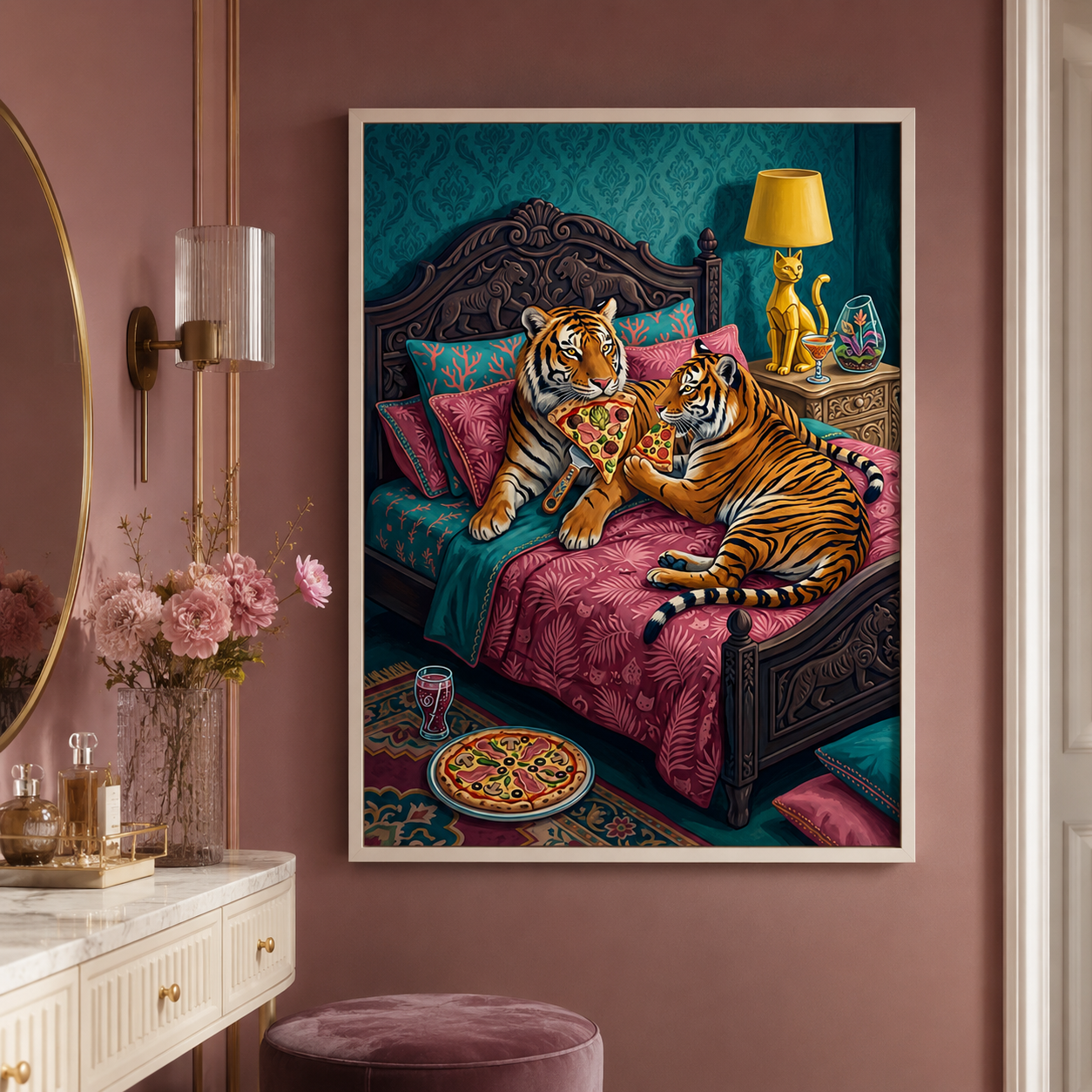 Tigers Eating Pizza in Bed Whimsical Wall Art Decor – preview 9