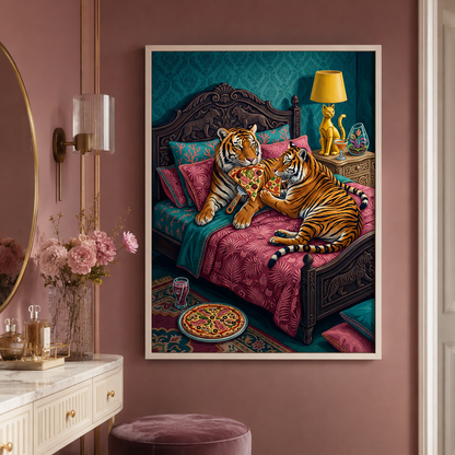 Tigers Eating Pizza in Bed Whimsical Wall Art Decor – preview 9
