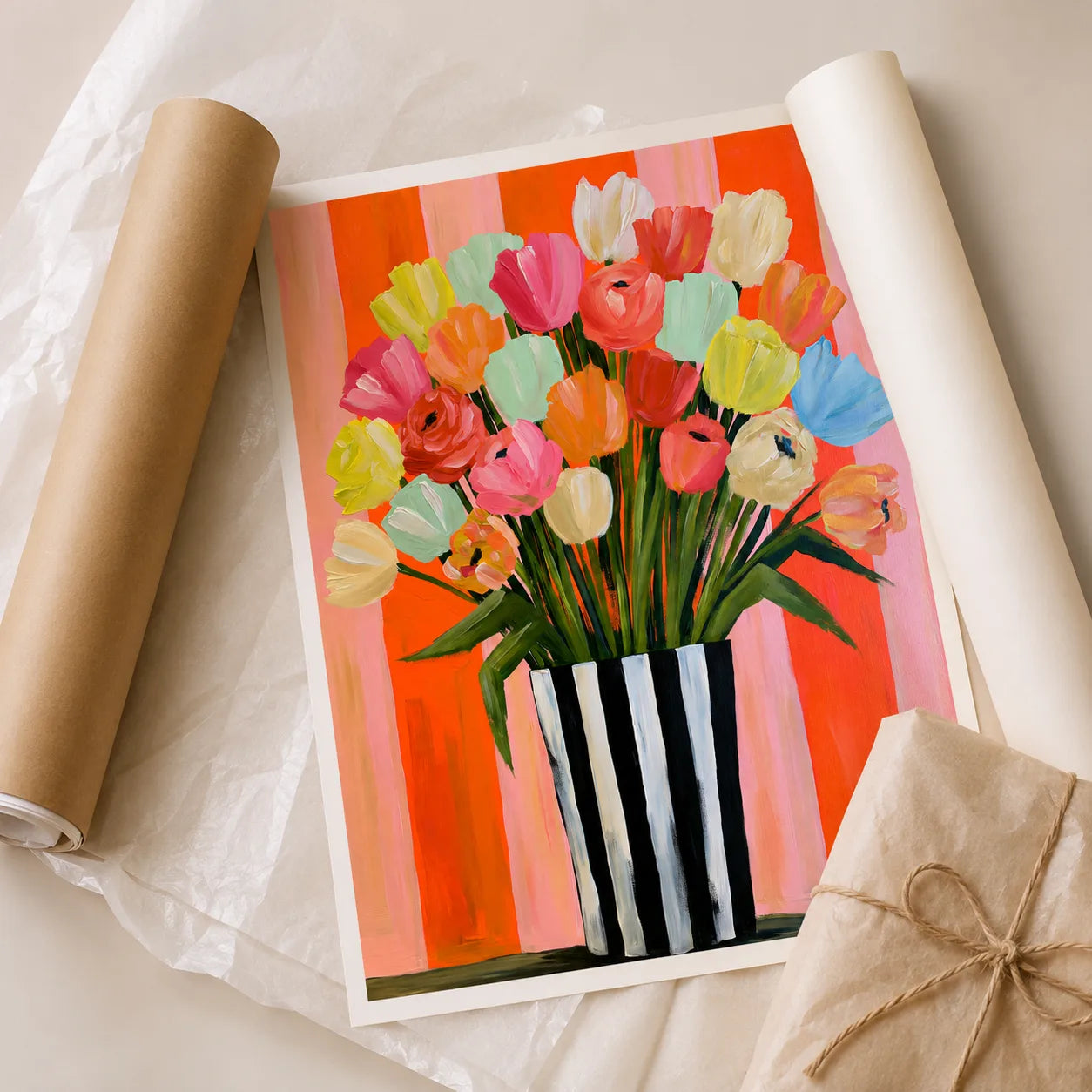 Tulip Bouquet in Striped Vase Wall Art Decor - Wall Art Decor - back view