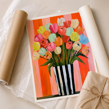 Tulip Bouquet in Striped Vase Wall Art Decor - Wall Art Decor - back view