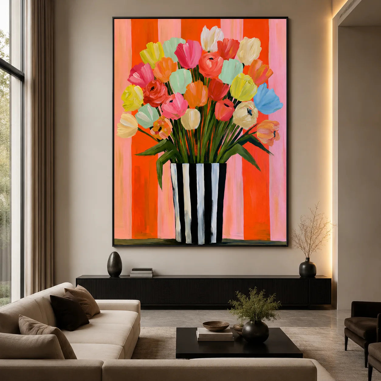 Tulip Bouquet in Striped Vase Wall Art Decor - Wall Art Decor - close up