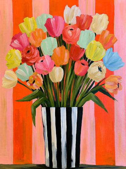Tulip Bouquet in Striped Vase Wall Art Decor - Wall Art Decor - front view