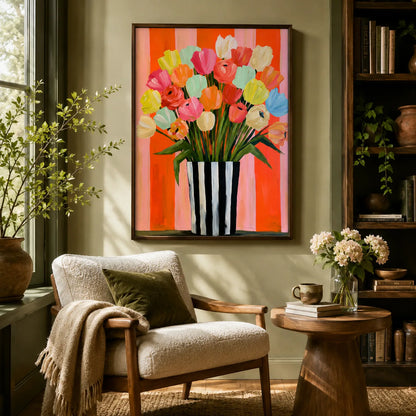 Tulip Bouquet in Striped Vase Wall Art Decor - Wall Art Decor - in use
