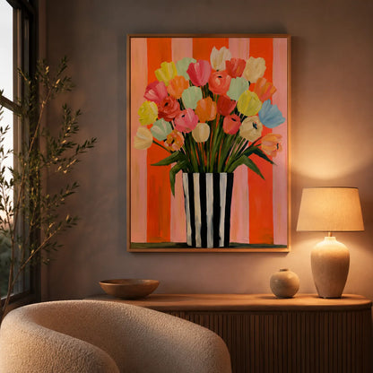 Tulip Bouquet in Striped Vase Wall Art Decor - Wall Art Decor - lifestyle