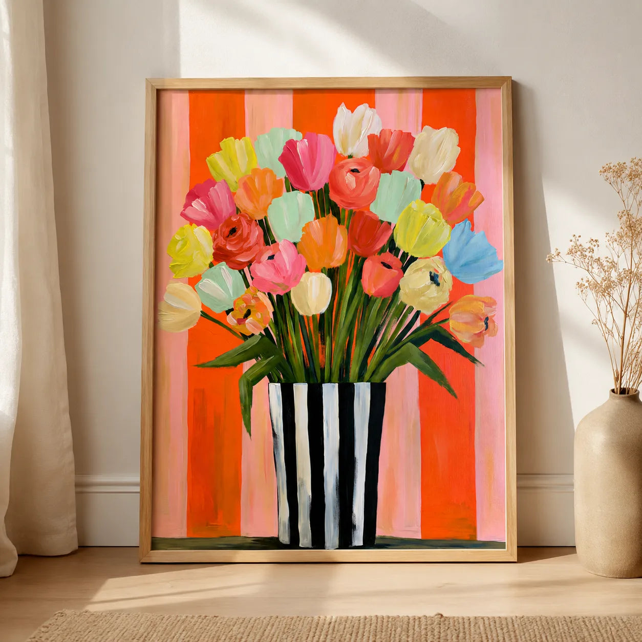 Tulip Bouquet in Striped Vase Wall Art Decor - Wall Art Decor - side view