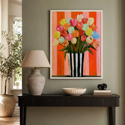 Tulip Bouquet in Striped Vase Wall Art Decor - Wall Art Decor - styled
