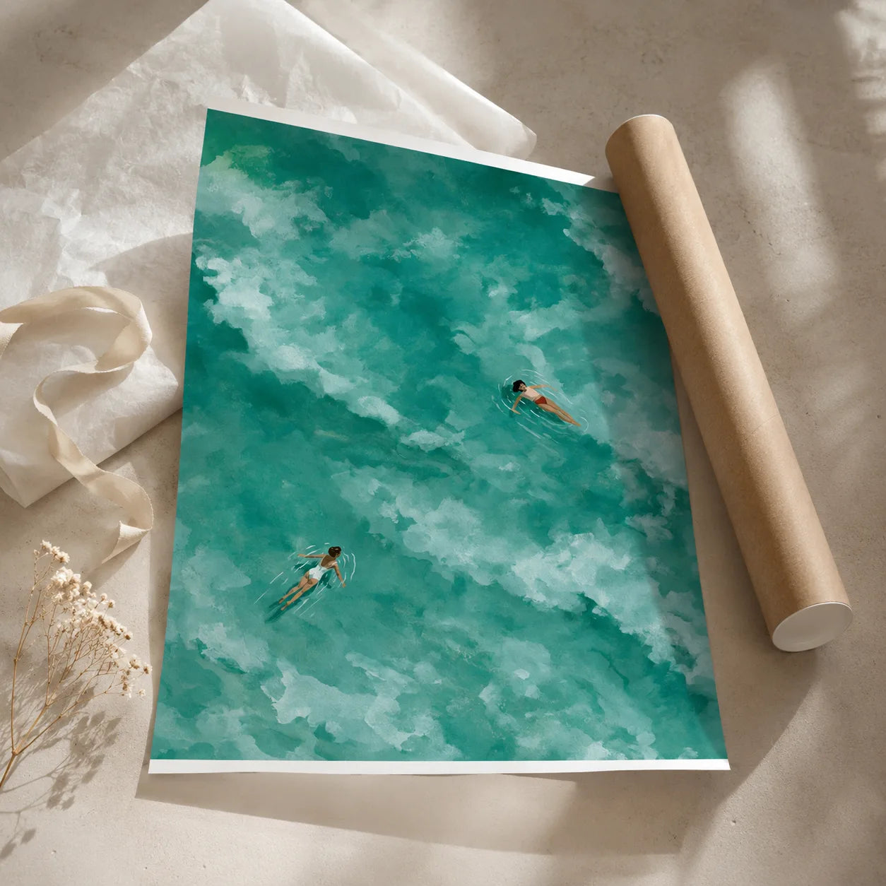 Two Swimmers Turquoise Water Wall Art Decor - Wall Art Decor - back view