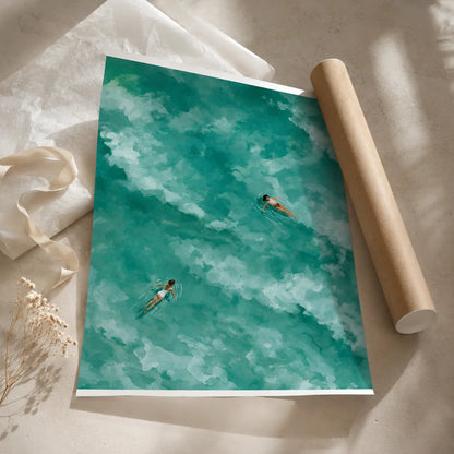 Two Swimmers Turquoise Water Wall Art Decor - Wall Art Decor - back view