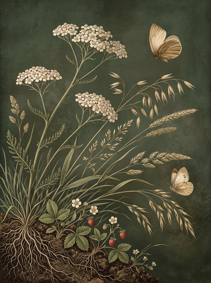 Vintage Botanical Wildflowers and Butterflies Wall Art Decor