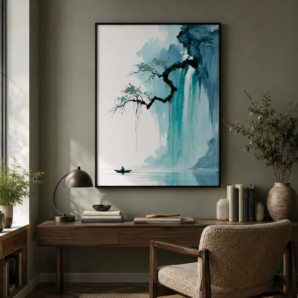 Waterfall Fisherman Landscape Wall Art Decor