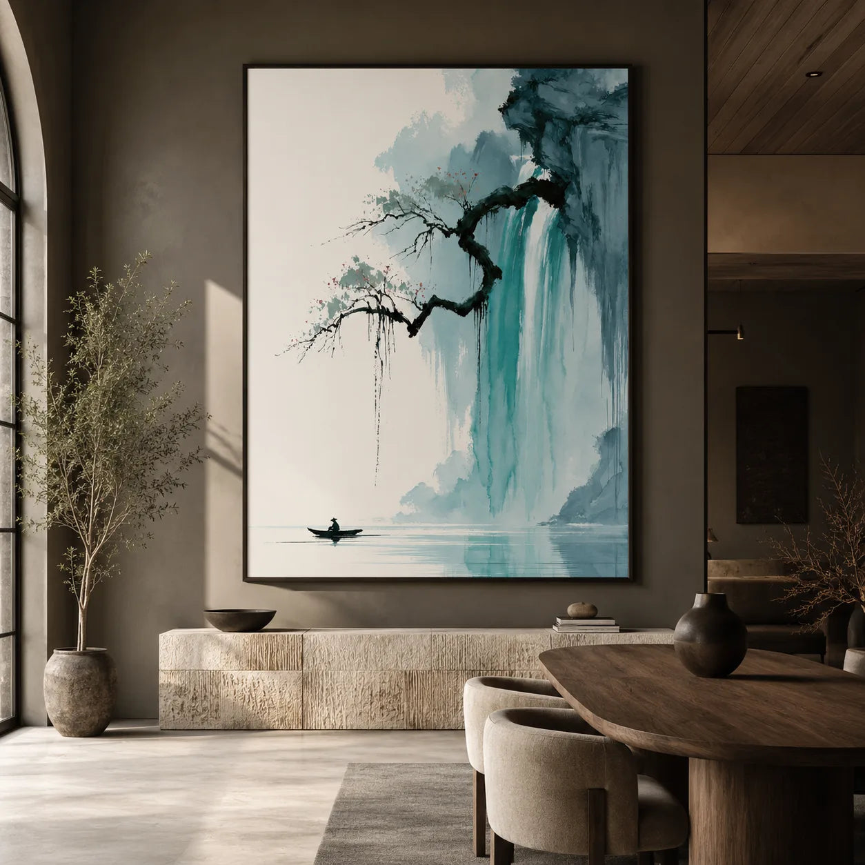 Waterfall Fisherman Landscape Wall Art Decor - Wall Art Decor - close up