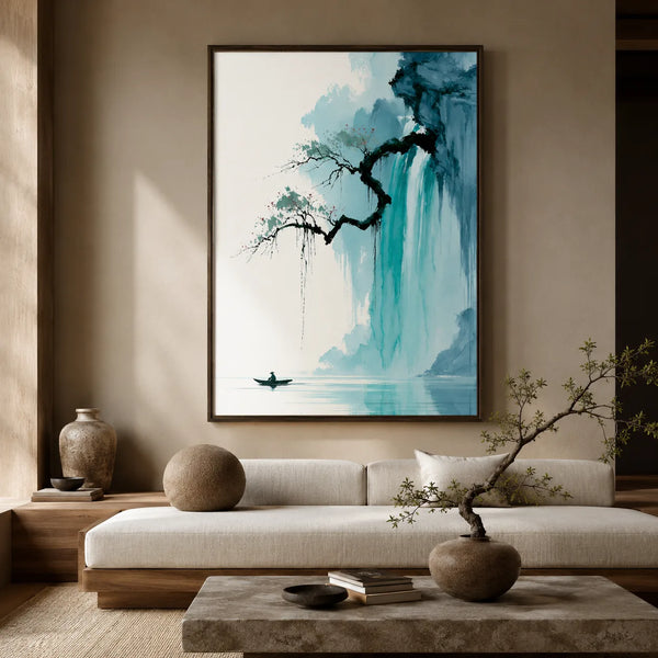 Waterfall Fisherman Landscape Wall Art Decor