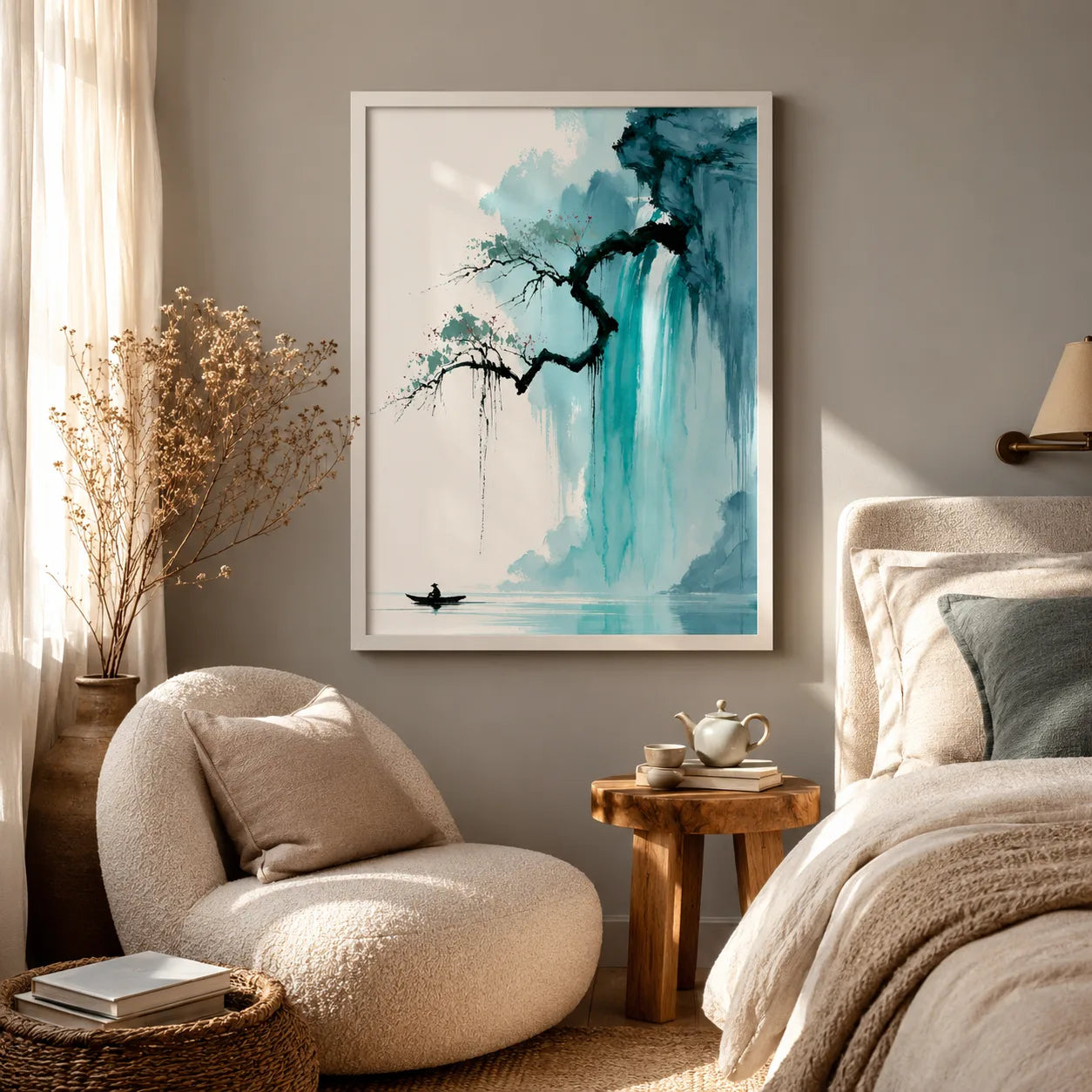 Waterfall Fisherman Landscape Wall Art Decor - Wall Art Decor - in use