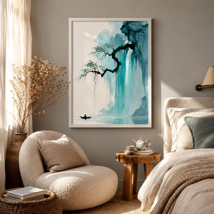 Waterfall Fisherman Landscape Wall Art Decor - Wall Art Decor - in use