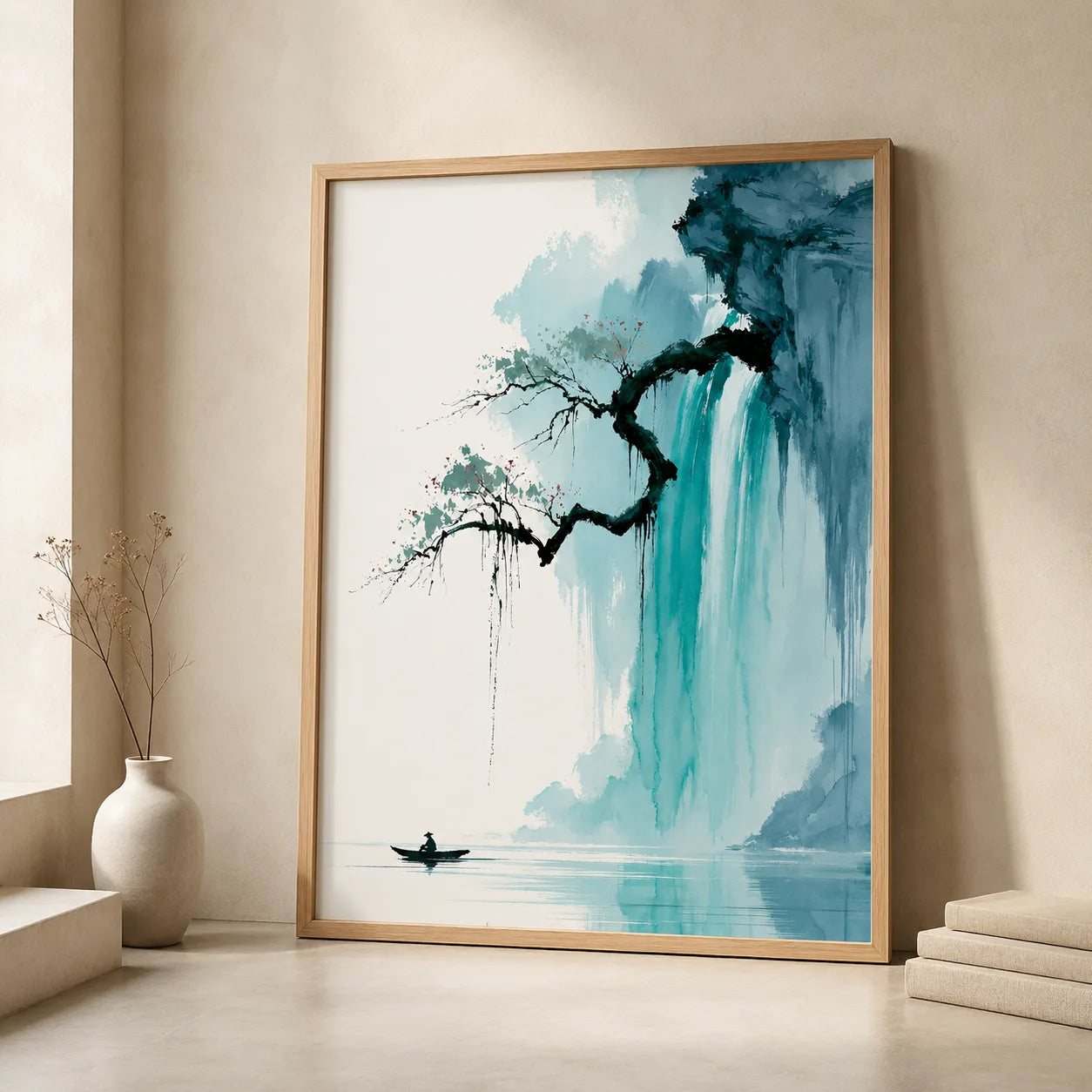 Waterfall Fisherman Landscape Wall Art Decor - Wall Art Decor - side view