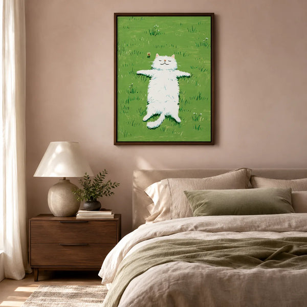 White Cat in Green Meadow Wall Art Decor