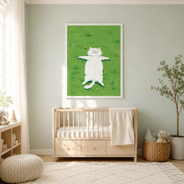 White Cat in Green Meadow Wall Art Decor