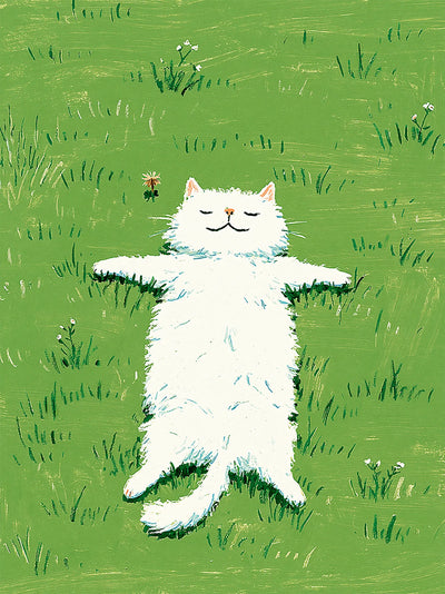 White Cat in Green Meadow Wall Art Decor