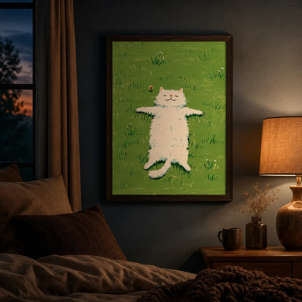 White Cat in Green Meadow Wall Art Decor