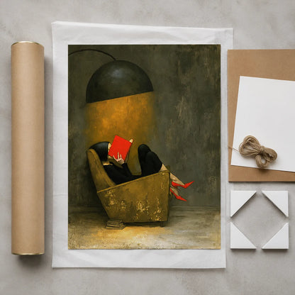 Woman Reading Under Lamp Wall Art Decor - Wall Art Decor - back view