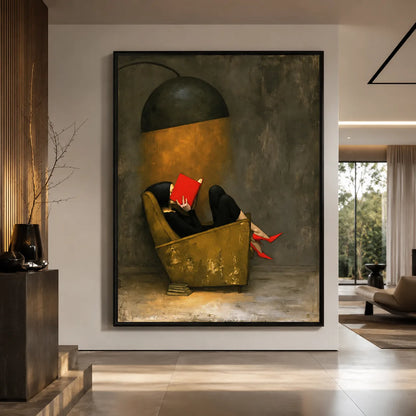 Woman Reading Under Lamp Wall Art Decor - Wall Art Decor - close up