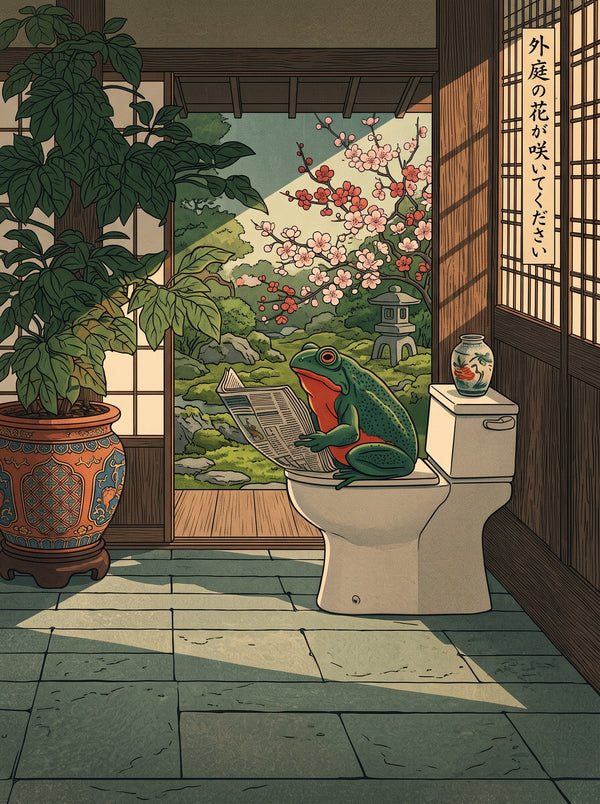 Zen Frog Reading on Toilet Japanese Woodblock Wall Art Decor