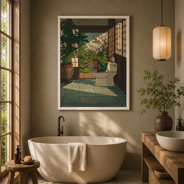 Zen Frog Reading on Toilet Japanese Woodblock Wall Art Decor