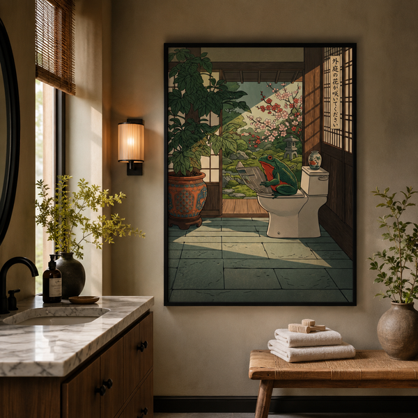 Zen Frog Reading on Toilet Japanese Woodblock Wall Art Decor