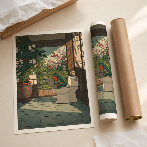 Zen Frog Reading on Toilet Japanese Woodblock Wall Art Decor