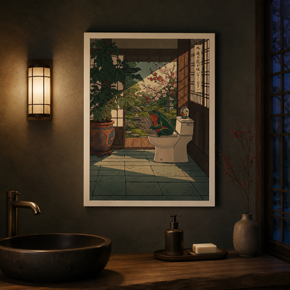 Zen Frog Reading on Toilet Japanese Woodblock Wall Art Decor – preview 6