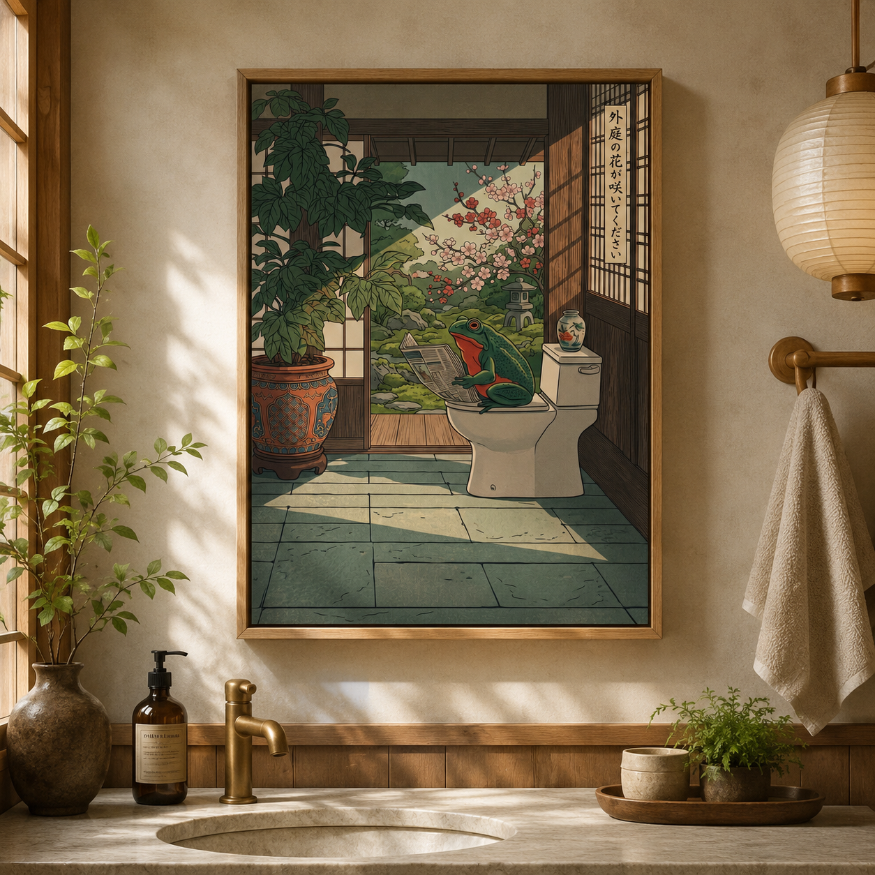 Zen Frog Reading on Toilet Japanese Woodblock Wall Art Decor – preview 7