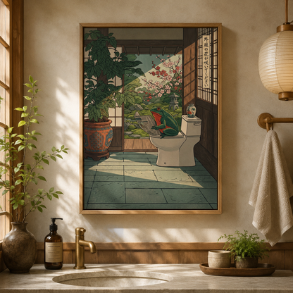 Zen Frog Reading on Toilet Japanese Woodblock Wall Art Decor – preview 7
