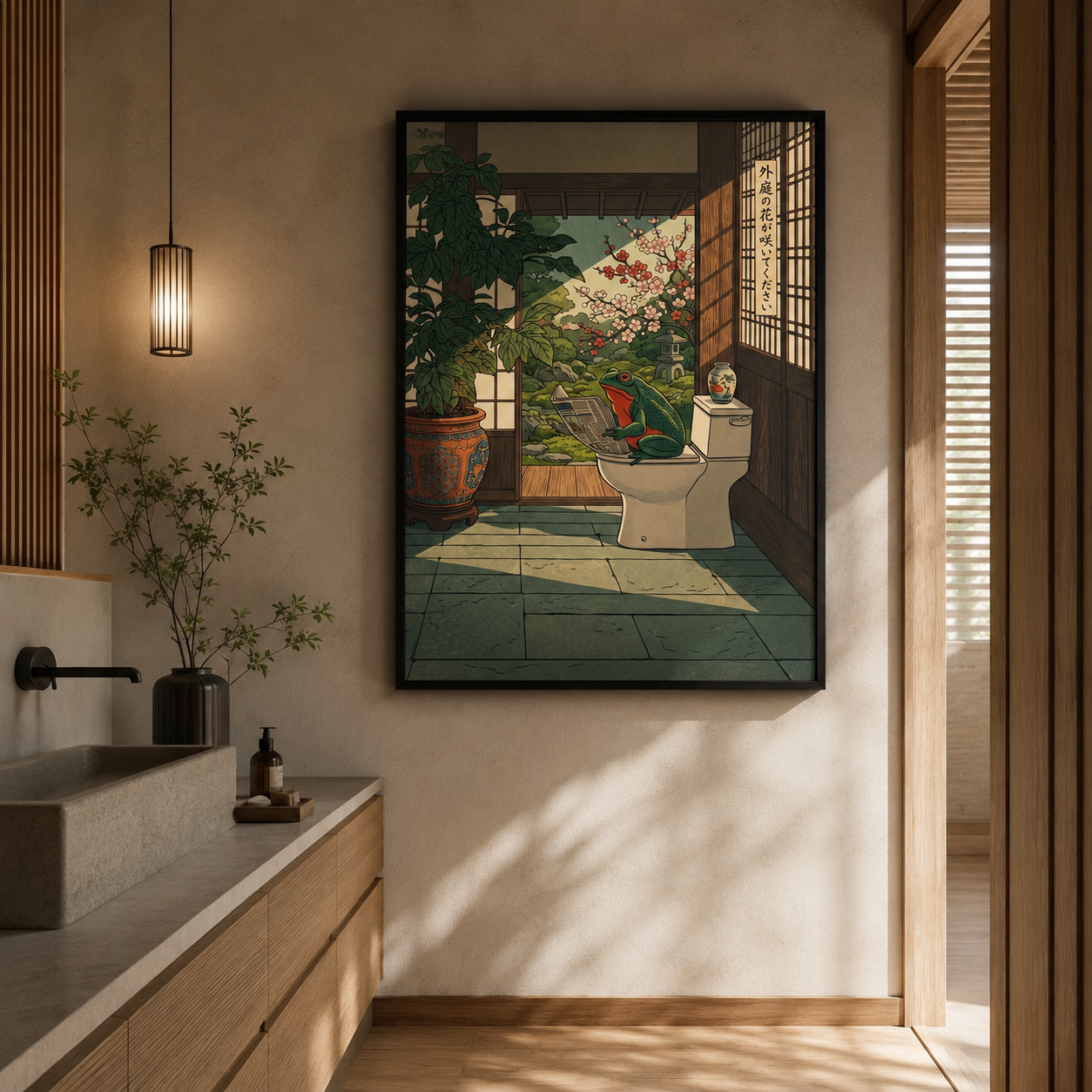 Zen Frog Reading on Toilet Japanese Woodblock Wall Art Decor – preview 9