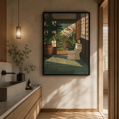 Zen Frog Reading on Toilet Japanese Woodblock Wall Art Decor – preview 9